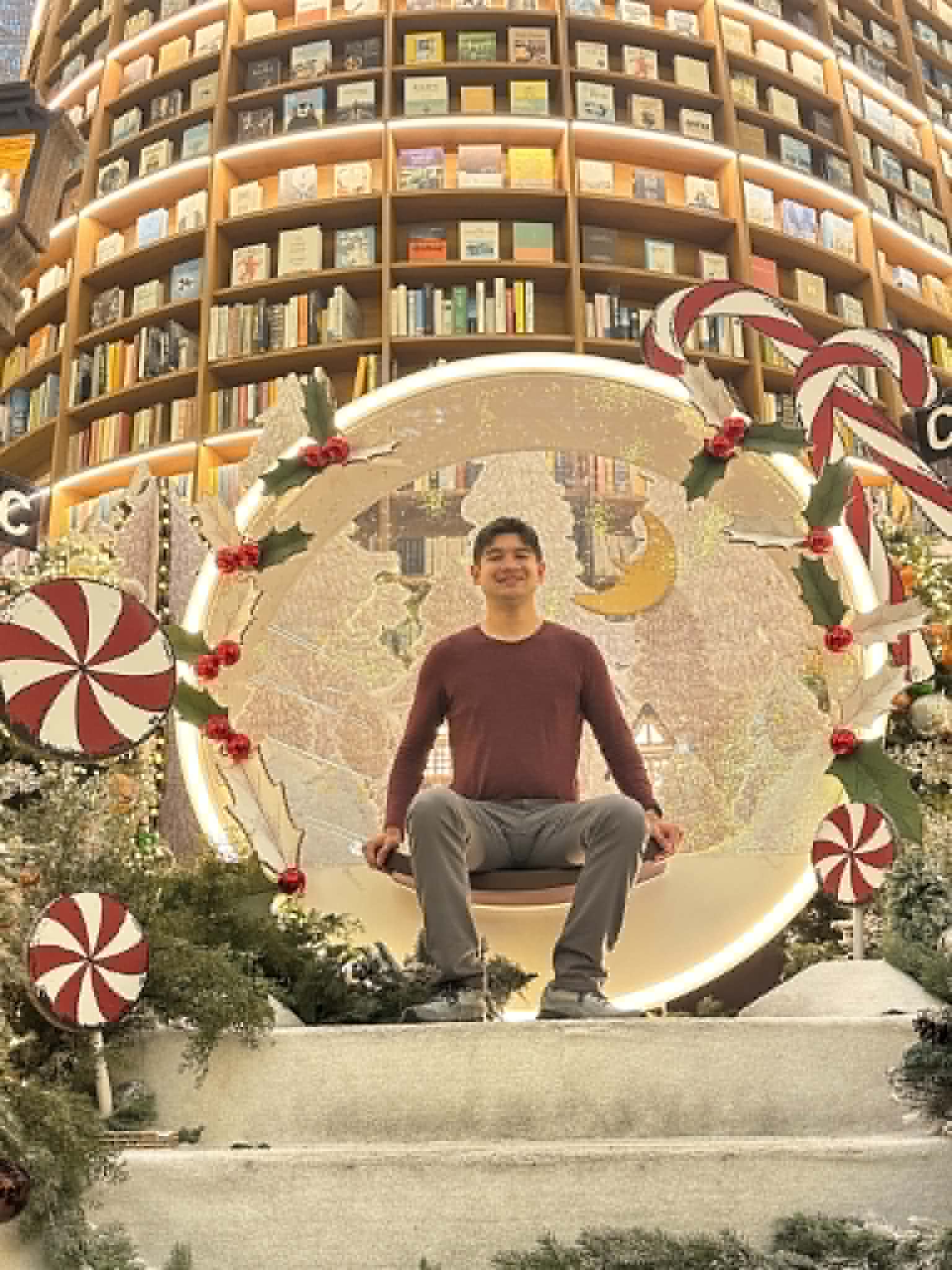 Anthony seated on a candy-cane-framed circular bench at Starfield Library, with massive curving bookshelves rising above and Christmas decorations framing the shot
